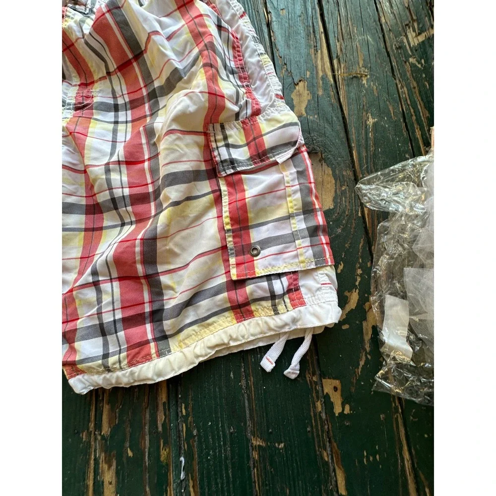 Banana Split USA Mens XL Plaid Cargo Board Shorts Red Yellow White Swim Trunks